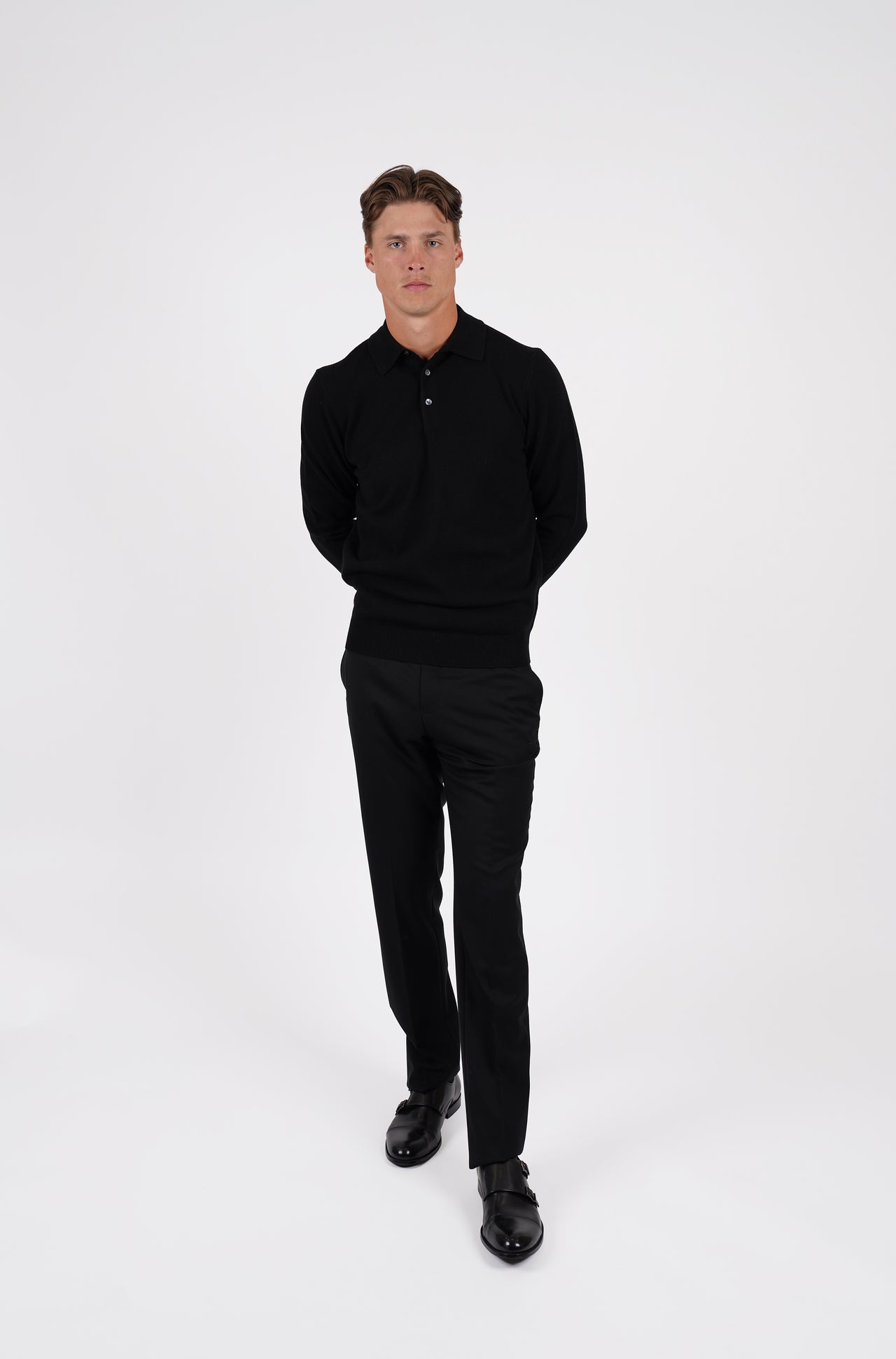 Black Pure Merino Wool L/S Polo