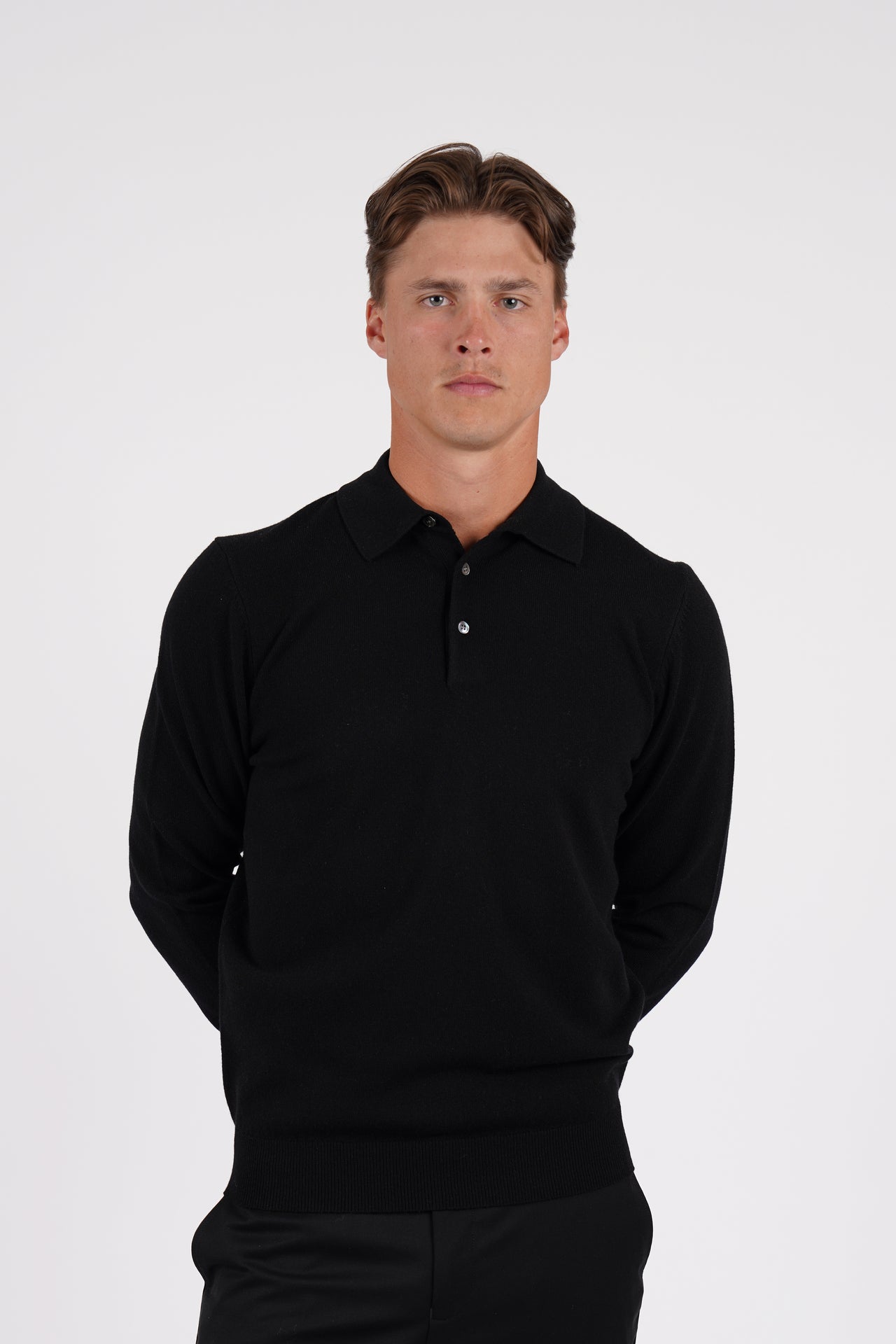 Black Pure Merino Wool L/S Polo