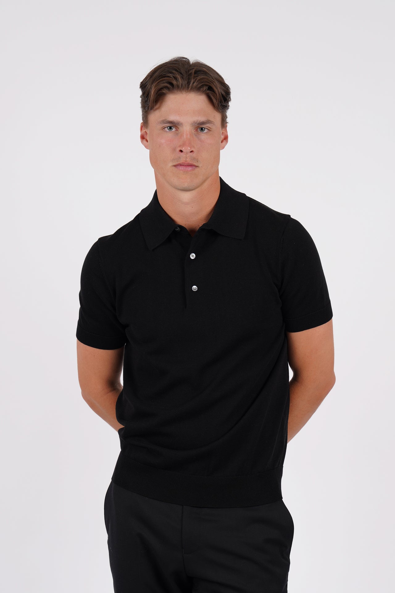 Black Cotton Silk S/S Knitwear Polo