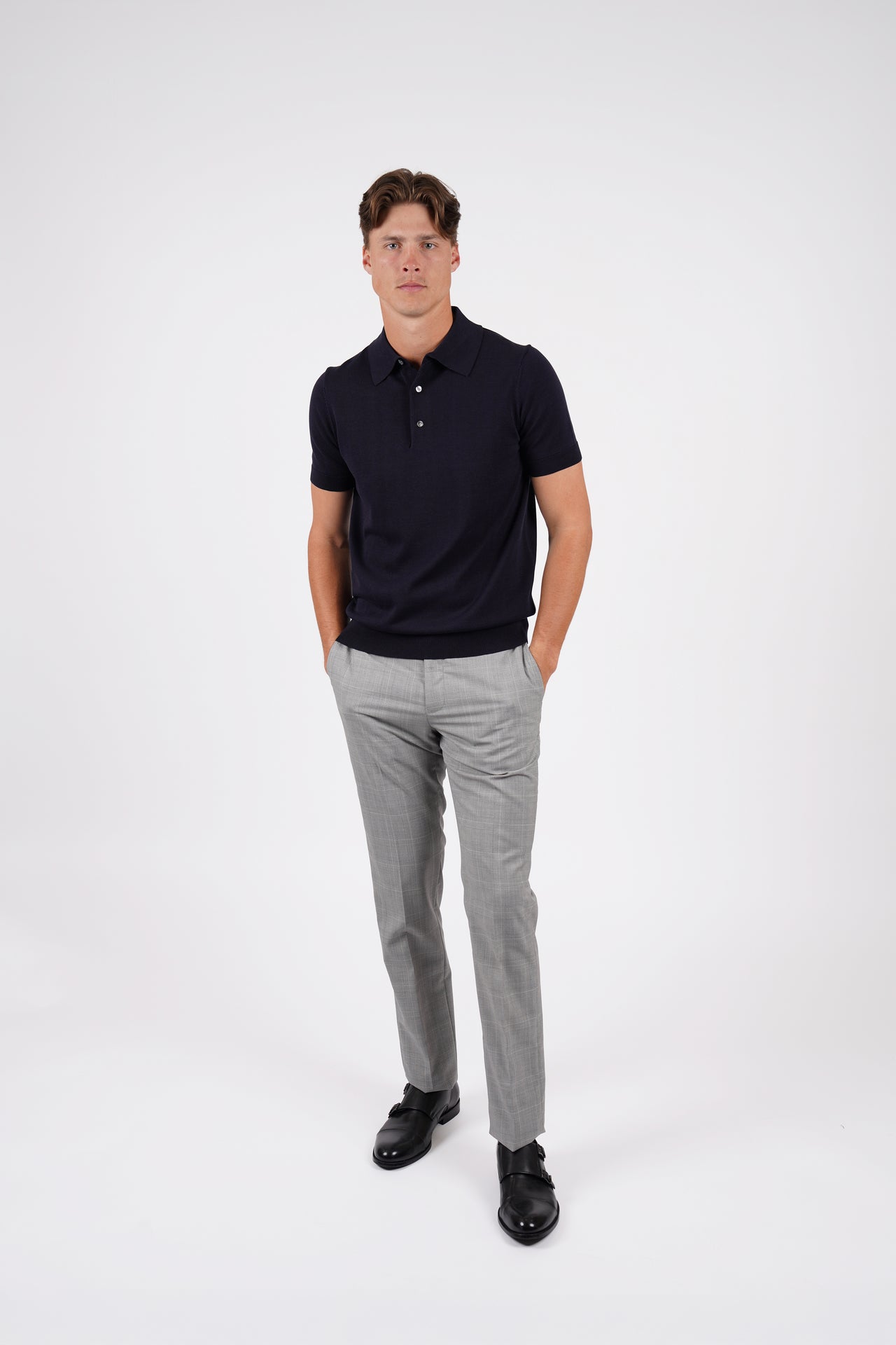 Navy Cotton Silk S/S Knitwear Polo