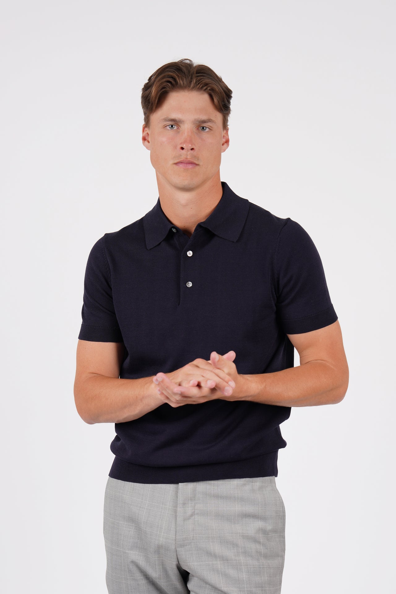 Navy Cotton Silk S/S Knitwear Polo