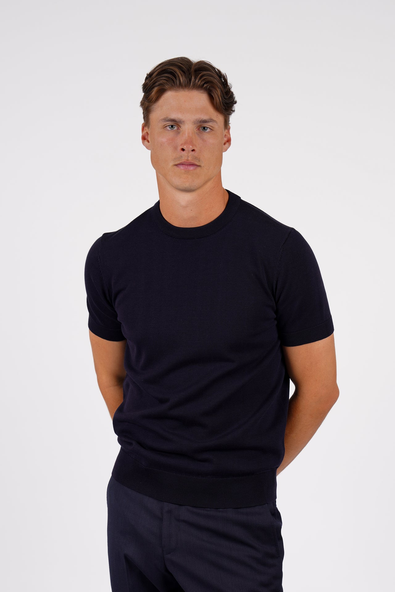 Navy Cotton Silk S/S Knitwear T-Shirt