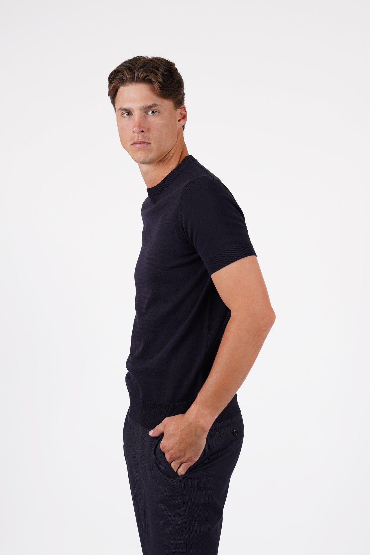 Navy Cotton Silk S/S Knitwear T-Shirt