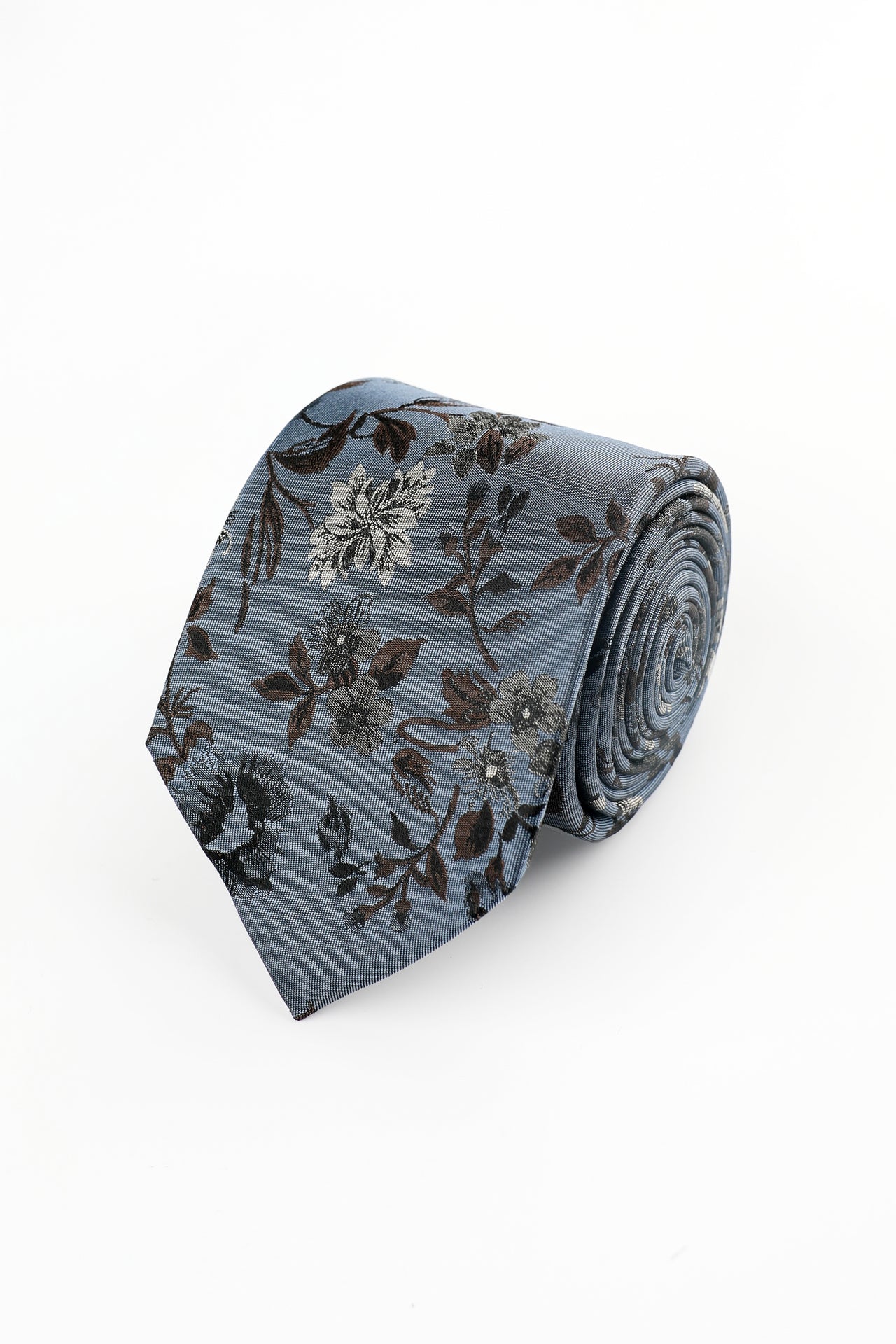 BLUE BROWN WOVEN FLORAL SILK TIE
