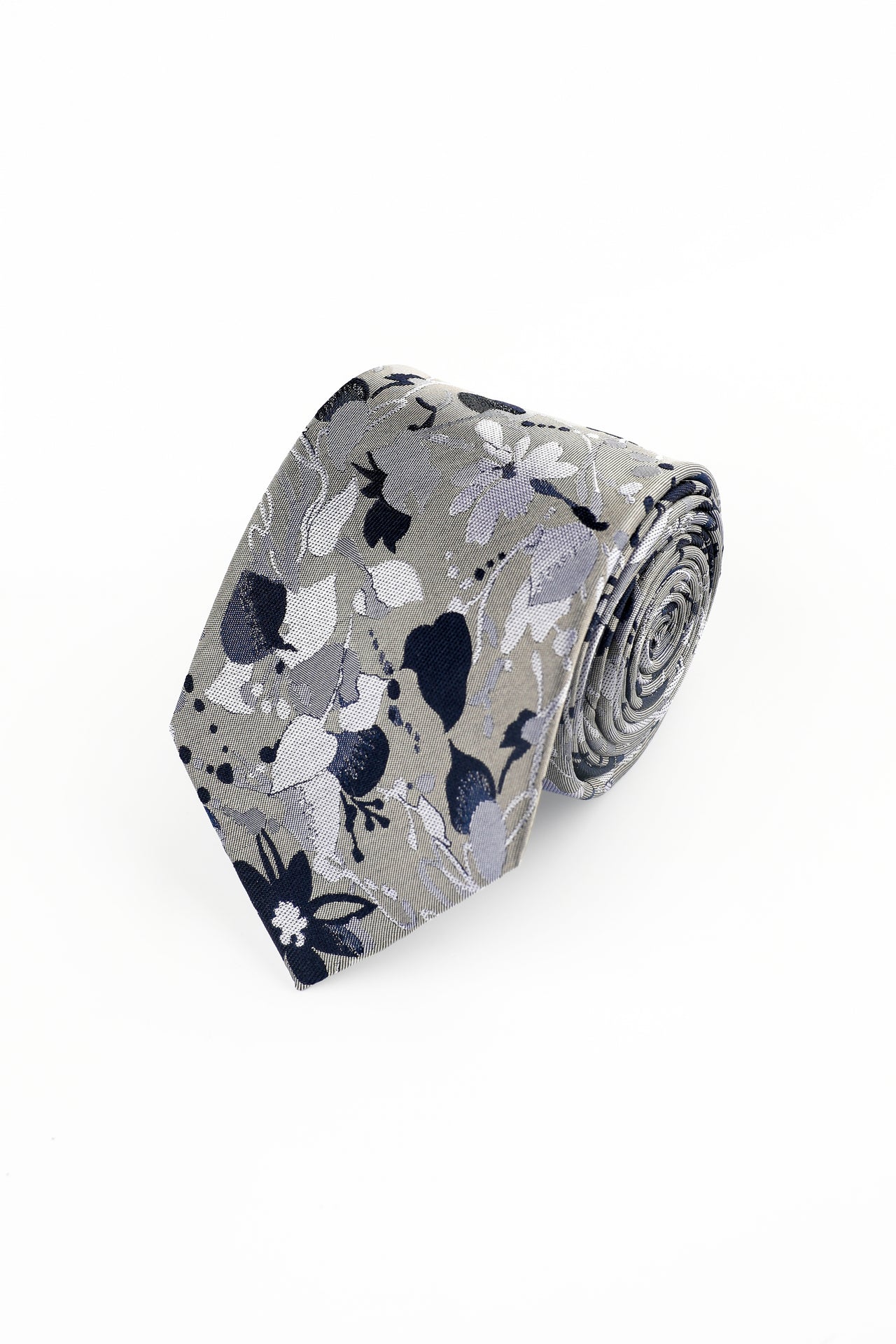 SILVER WOVEN ABSTRACT FLORAL SILK TIE