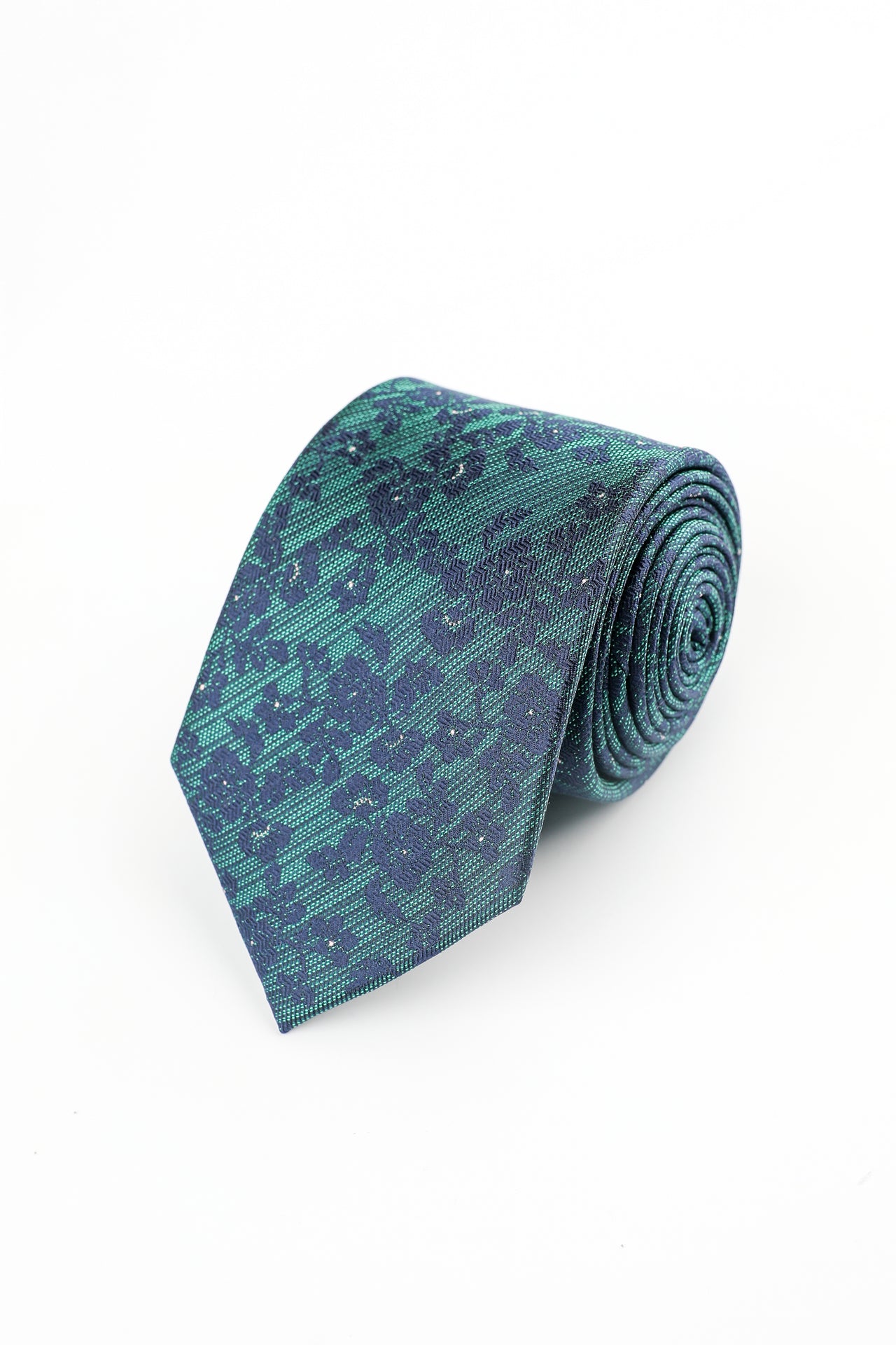 GREEN WOVEN MINI FLORAL TEXTURE SILK TIE
