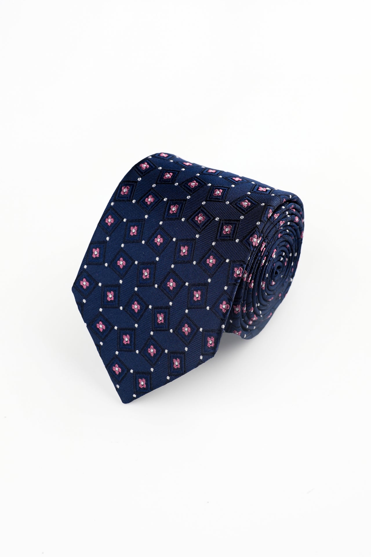 NAVY PINK WOVEN FLORAL GEO SILK TIE